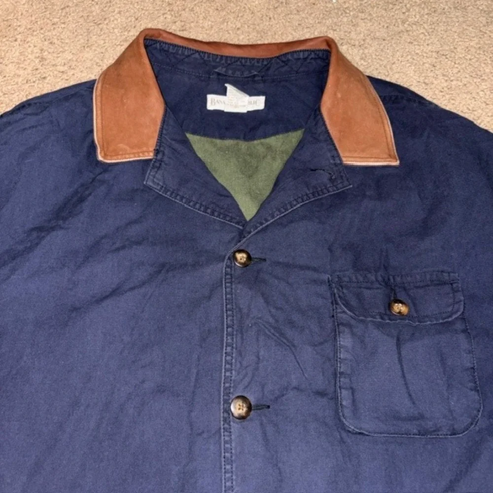 Banana Republic VTG Vintage Chore Coat Leather Collar Corduroy Trim Navy Blue XL